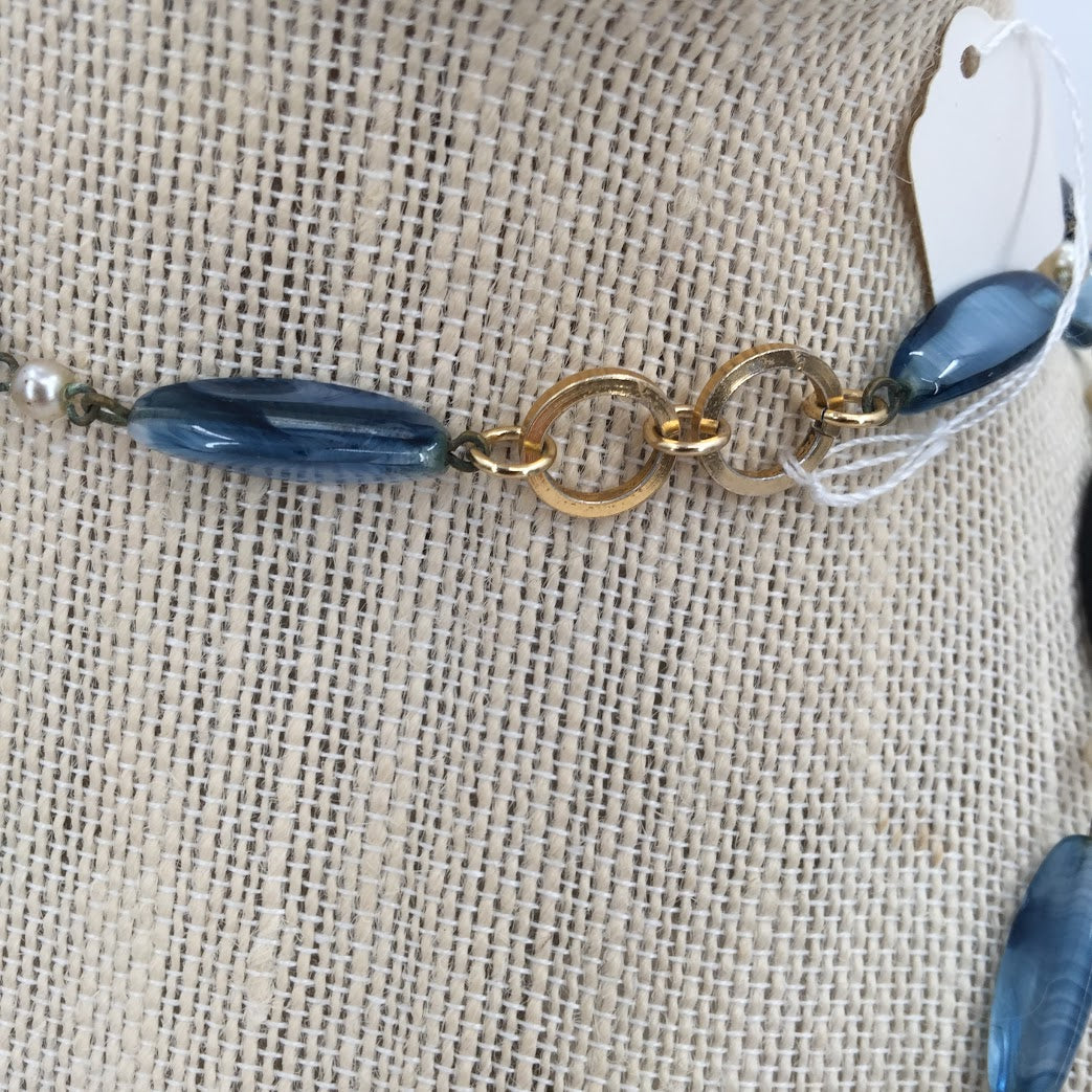 Vintage Necklace Single Strand Blue & Black Glass Oblong Beads Faux Pearl