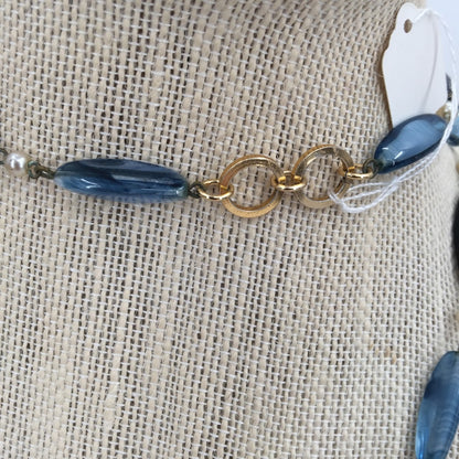 Vintage Necklace Single Strand Blue & Black Glass Oblong Beads Faux Pearl