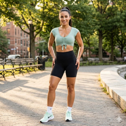 Gianni Bini vintage Green Ruched Workout Crop Top Activewear Short Sleeve