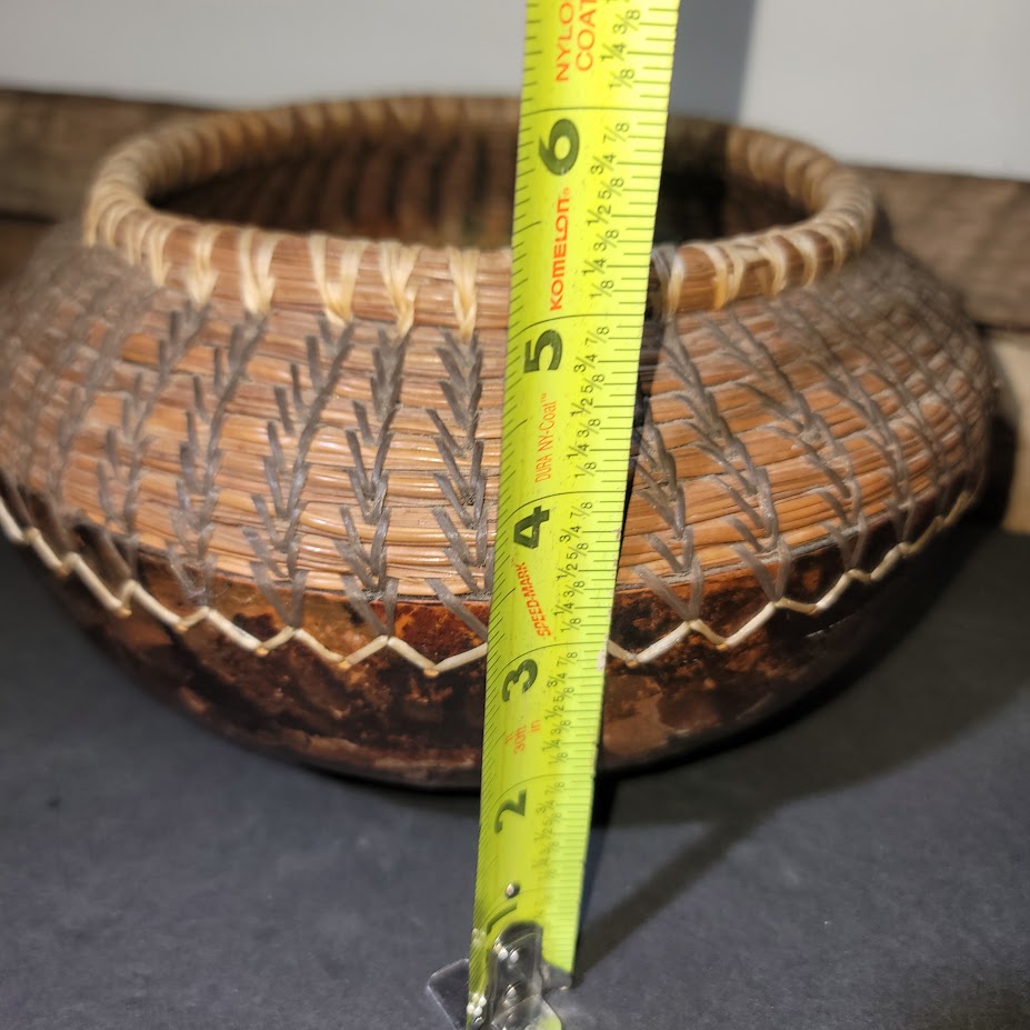 Artisan Handmade Gourd & Coiled Pine Needle Basket Bowl 6" Wide Rustic Southern