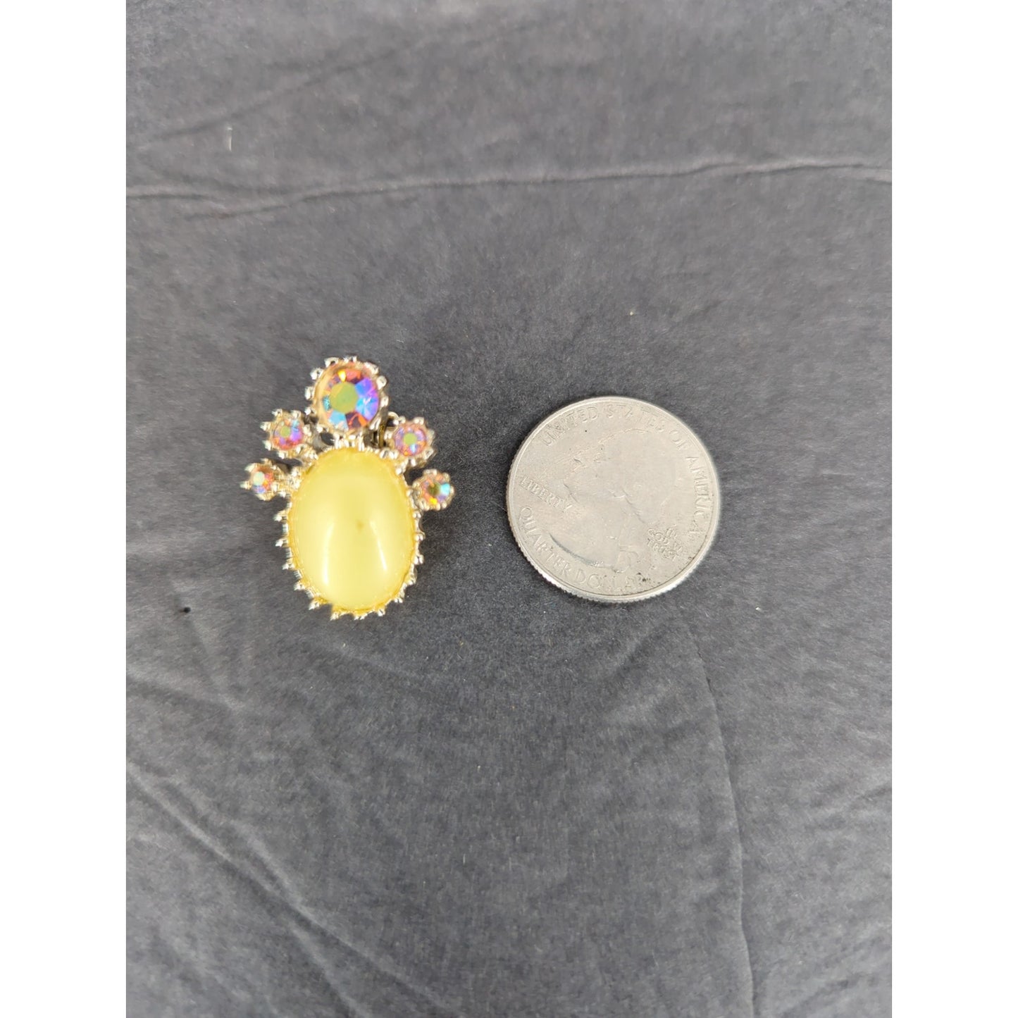 Vintage Yellow Oval Rhinestone Halo Dangle Drop Clip On Earrings