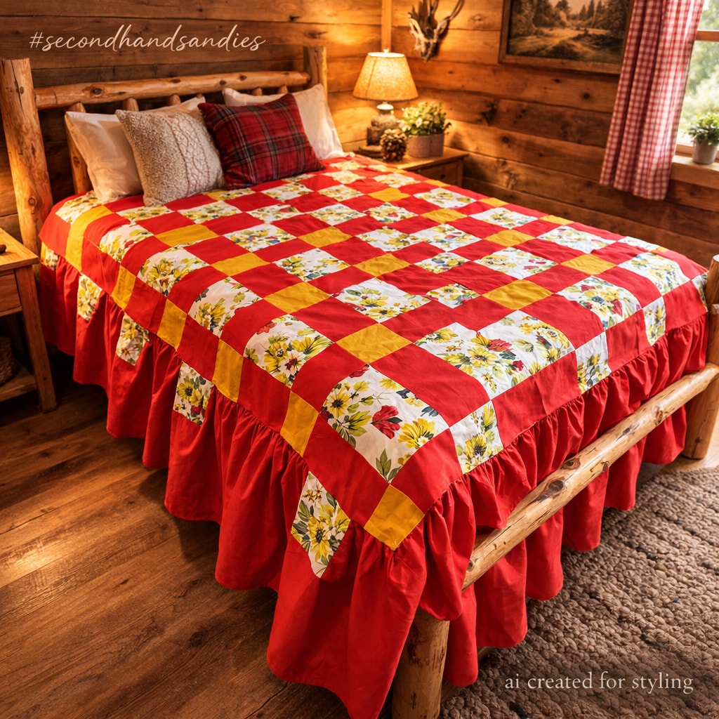 Vintage Farmhouse Red Yellow Floral Patchwork Unfinished Quilt Top 108x88 Queen