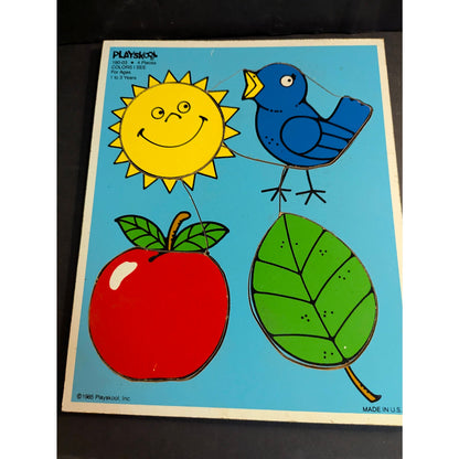 Vintage 1985 Playskool Wood Inlay Tray 1-3 yr old Puzzle Sun Bird Apple Leaf USA