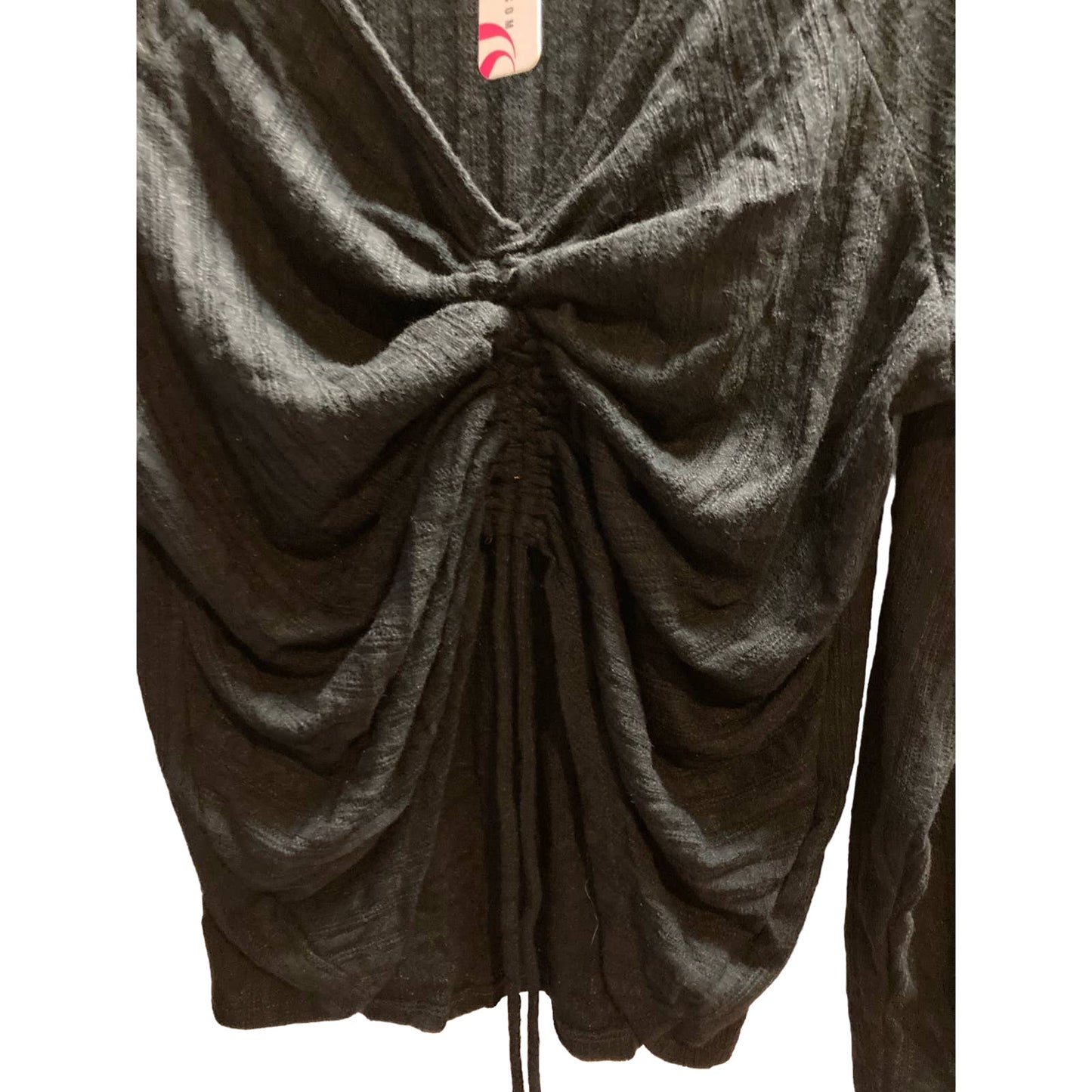 Curvy Sense Women's Top Plus 2X Black NEW Ruched Drawstring V-Neck Long Sleeve