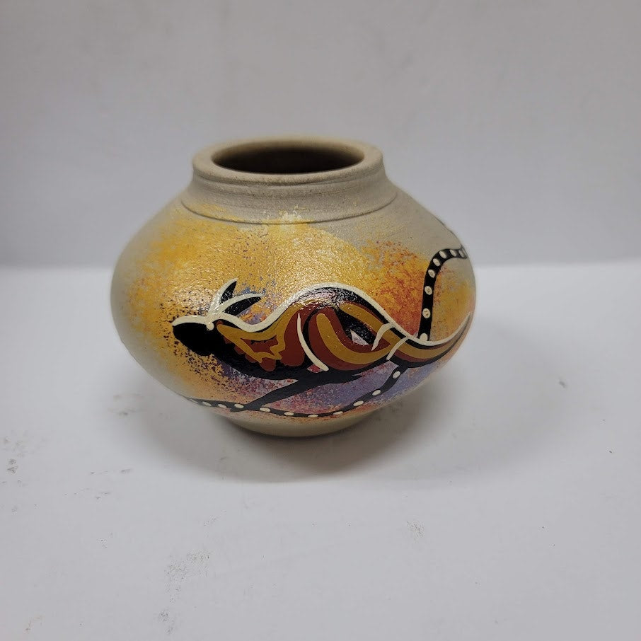 Australia Aboriginal Art Pottery Vase, Kangaroo Signed LB Small mini Vintage
