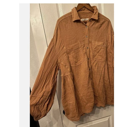 Free People Anaheim Double Cloth Top Gauze Shirt Tunic Camel OVERSIZED S-L New