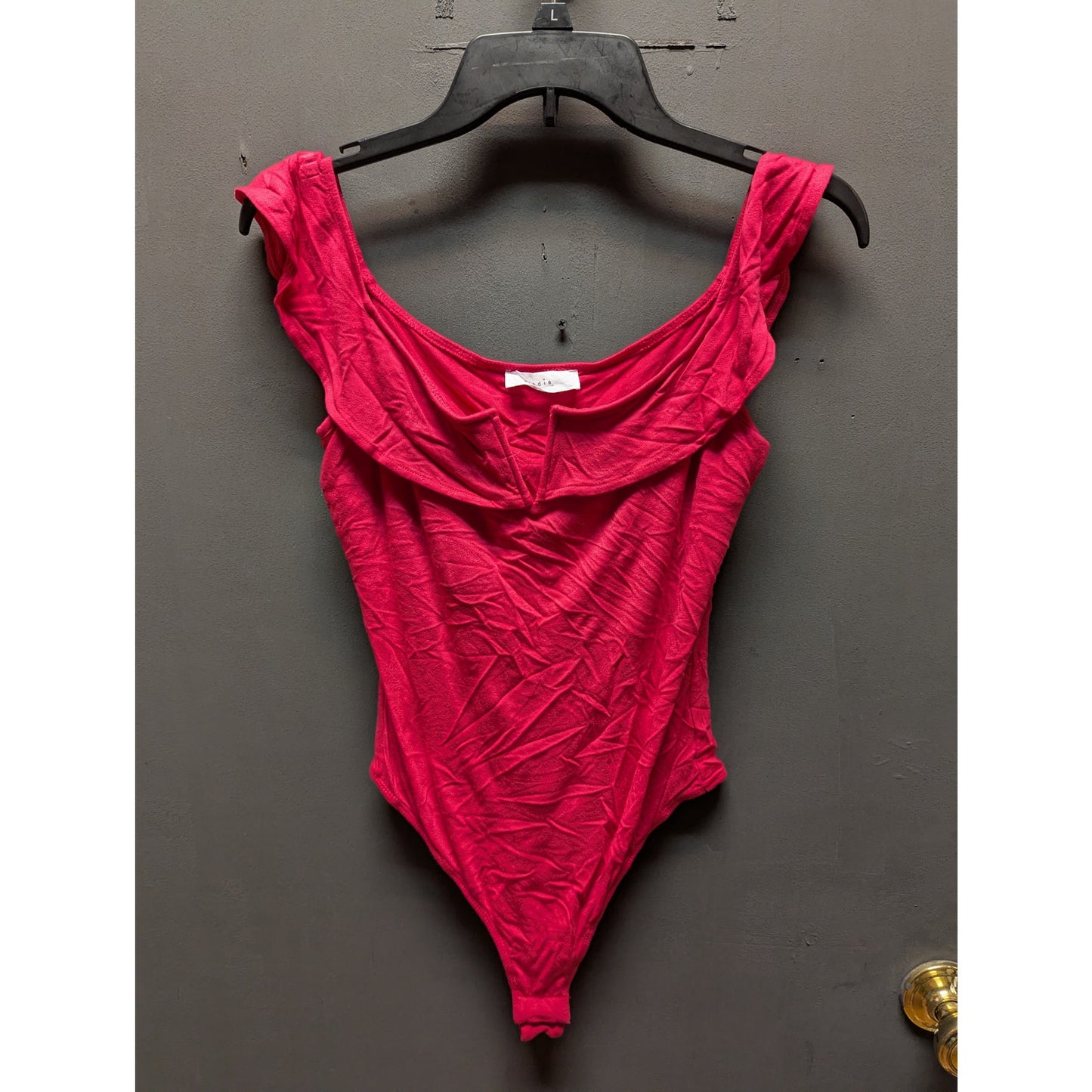Elodie NWT Pink Ruffle Off the Shoulder Bodysuit Large thong Layering Top Shirt