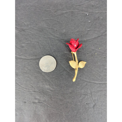 Vintage Red Porcelain Rose Flower Stem Brooch Pin Gold Tone Leaf Accent