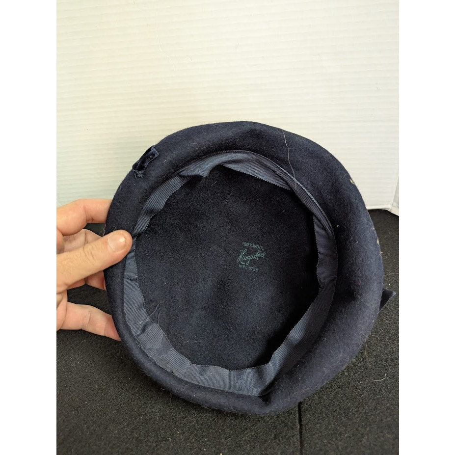 Vintage 40s Navy Blue Wool Felt Tilt Hat Beret Velvet Ribbon Fair Project Piece