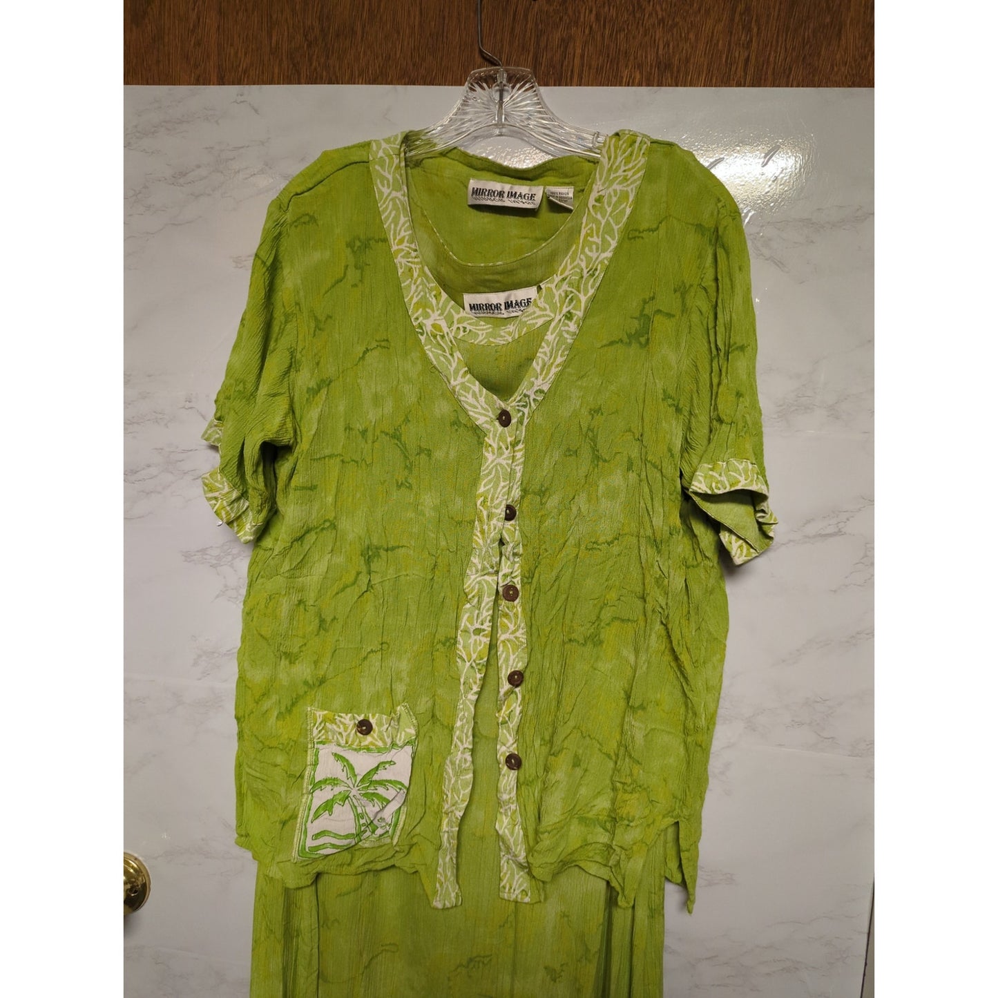 Mirror Image Lime Green 2pc Midi Dress & Button-Up Blouse Tropical XL Palm Tree