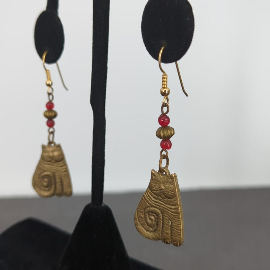Vintage Brass Brutalist Cat Dangle Earrings 2.5 Inch Whimsical Boho Eclectic