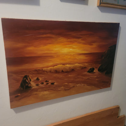 Vintage Mid-Century Sunset Seascape Oil Painting Canvas Signed by A. Eriksen