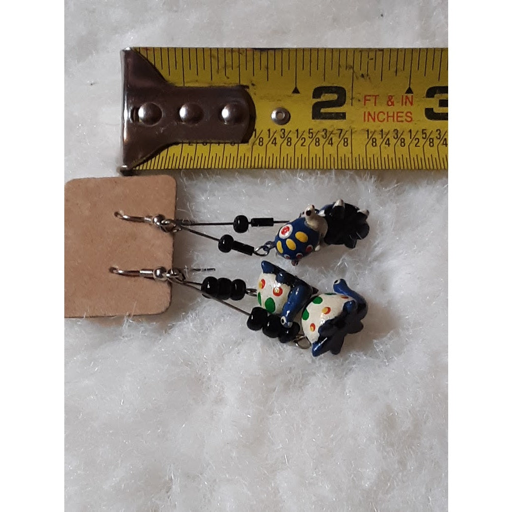 Artisan HANDMADE Earrings Black Seed Beads Dangle  French wire TURTLES