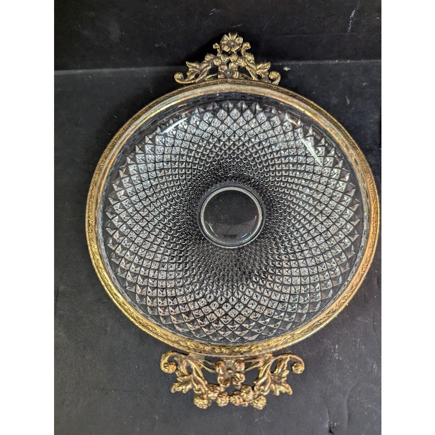 Vintage Hollywood Regency Trinket cut glass double gold metal handles