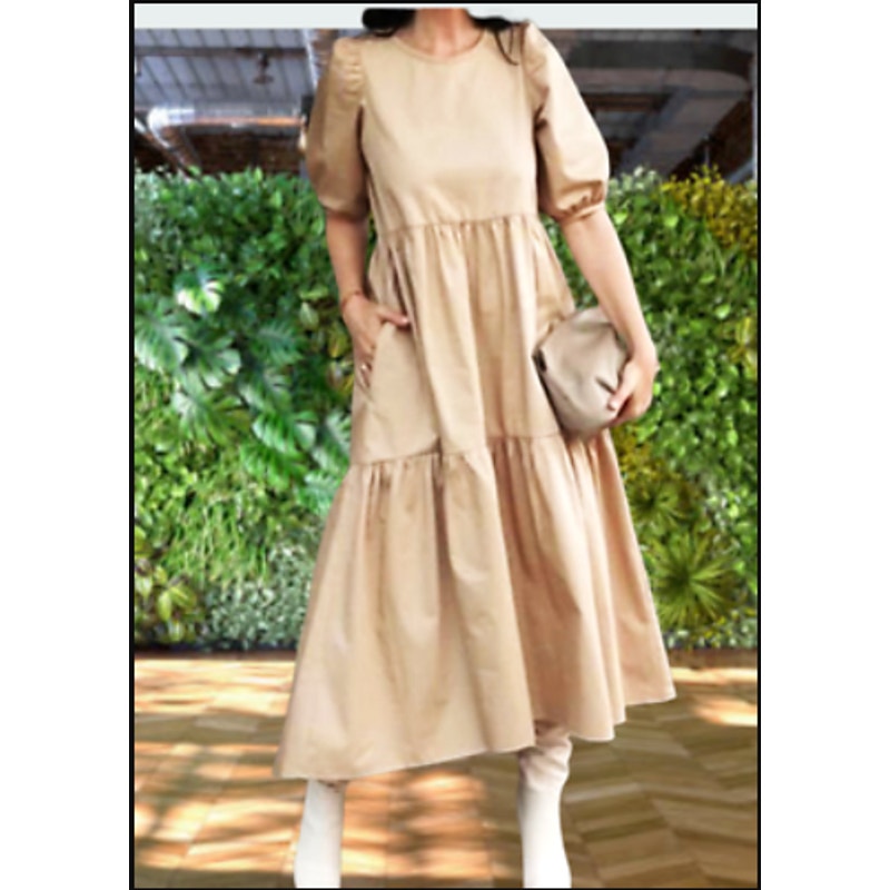 Code X Mode Taupe DRESS PUFF SLEEVES Pockets SIZE Small lightweight Tiered NEW