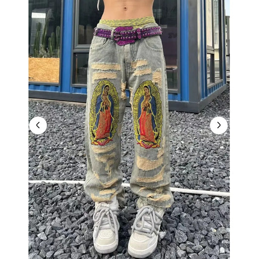Supermade Retro Jeans Distressed Streetwear 29" x 29" y2K Lady Guadalupe