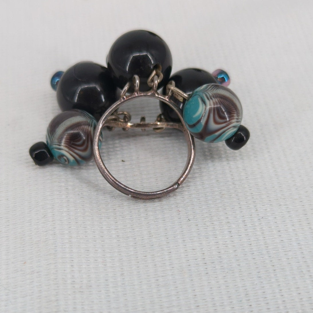 Size 6 Adjustable Bead Custer Black & Blue Beaded Cluster Statement Ring