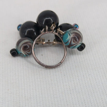 Size 6 Adjustable Bead Custer Black & Blue Beaded Cluster Statement Ring