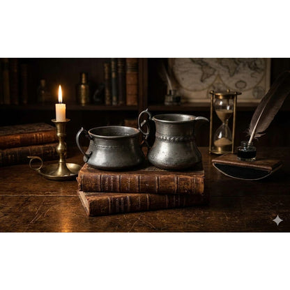 Vintage Pewter 2pc Creamer Sugar Bowl Set Colonial Style Dark Academia Primitive