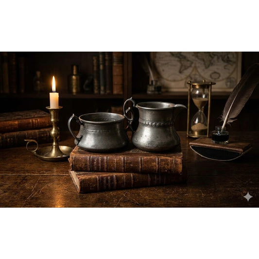 Vintage Pewter 2pc Creamer Sugar Bowl Set Colonial Style Dark Academia Primitive