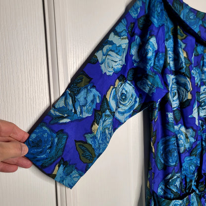 Vintage 50s taffeta dress blue floral 3/4 sleeve wiggle Mad Tv cocktail Medium