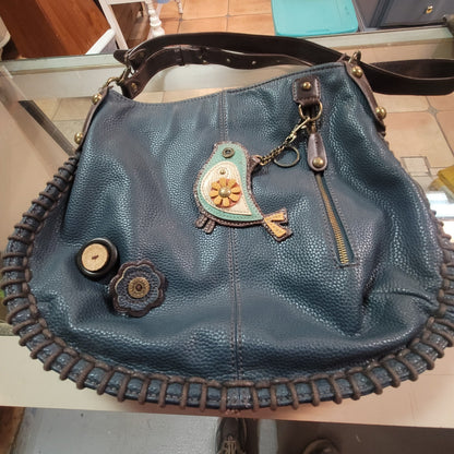 New Boho Whipstitch Chala Crossbody Bag Blue Vegan Leather Bird Charm Messenger