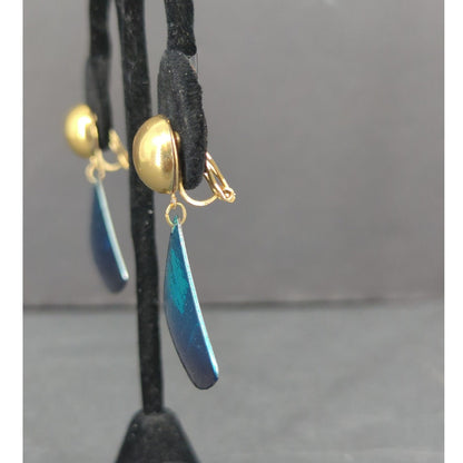 Vintage Vibrant Blue Textured Fan Triangle 1980sShield Clip On Dangle Earrings