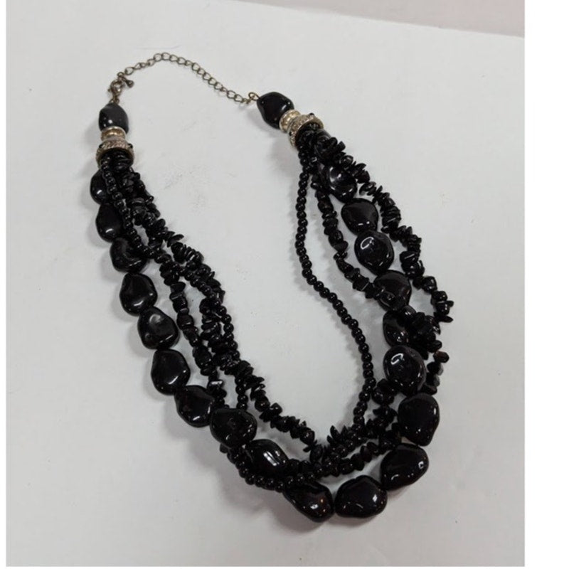 17" Vintage Black Beads Gothic Multi Strand Necklace freeform