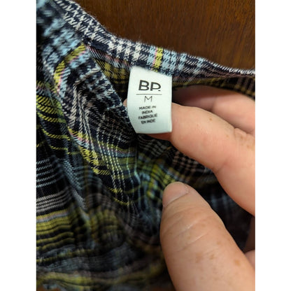 NEW BP Womens Smock Crop Top Green Size Medium Plaid Square Neck Puff Sleeve