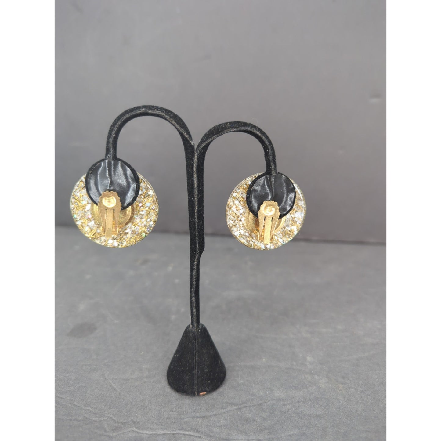 Vintage Clear Lucite Gold Speckle Confetti Dome Button Clip On Earrings Retro