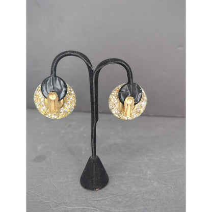 Vintage Clear Lucite Gold Speckle Confetti Dome Button Clip On Earrings Retro
