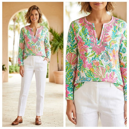 Lilly Pulitzer Amelia Island Tunic Casa Marina Seashell Floral Print Top Medium