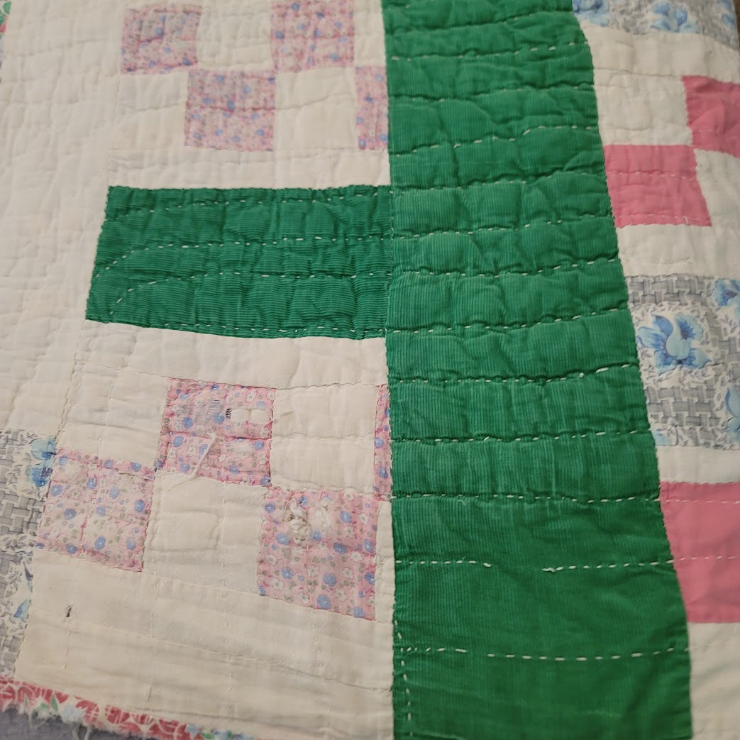 Handmade Quilt 72"x70" greens need repairs PATCHWORK FARMHOUSE cabin VINTAGE