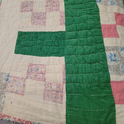 Handmade Quilt 72"x70" greens need repairs PATCHWORK FARMHOUSE cabin VINTAGE