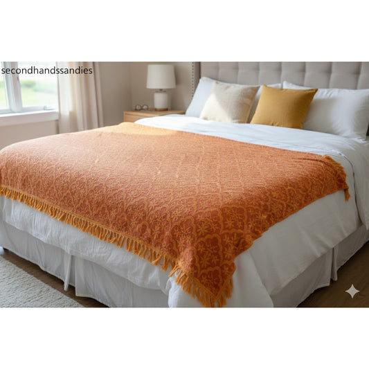 Vintage Orange Yellow Fringe Edge Queen King Size Floral Detail 76" x 104"