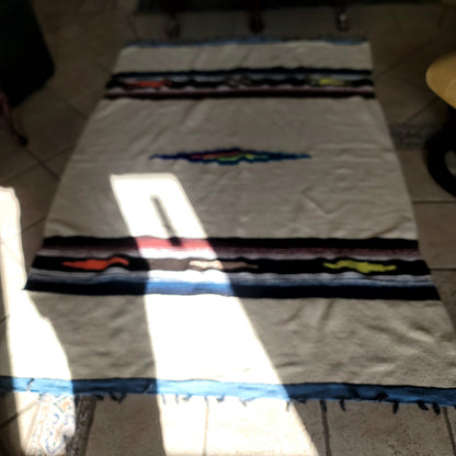 Vintage Mexican Zapotec Handwoven Wool Rug Blanket 82x56 Cream MCM Southwestern