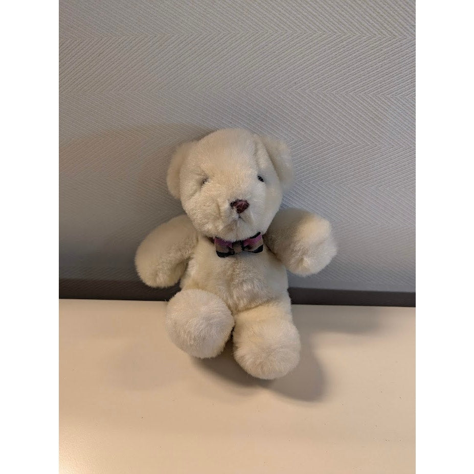 Stuffed Animal PLUSH teddy bear Gund white 8" bowtie 1985 retro