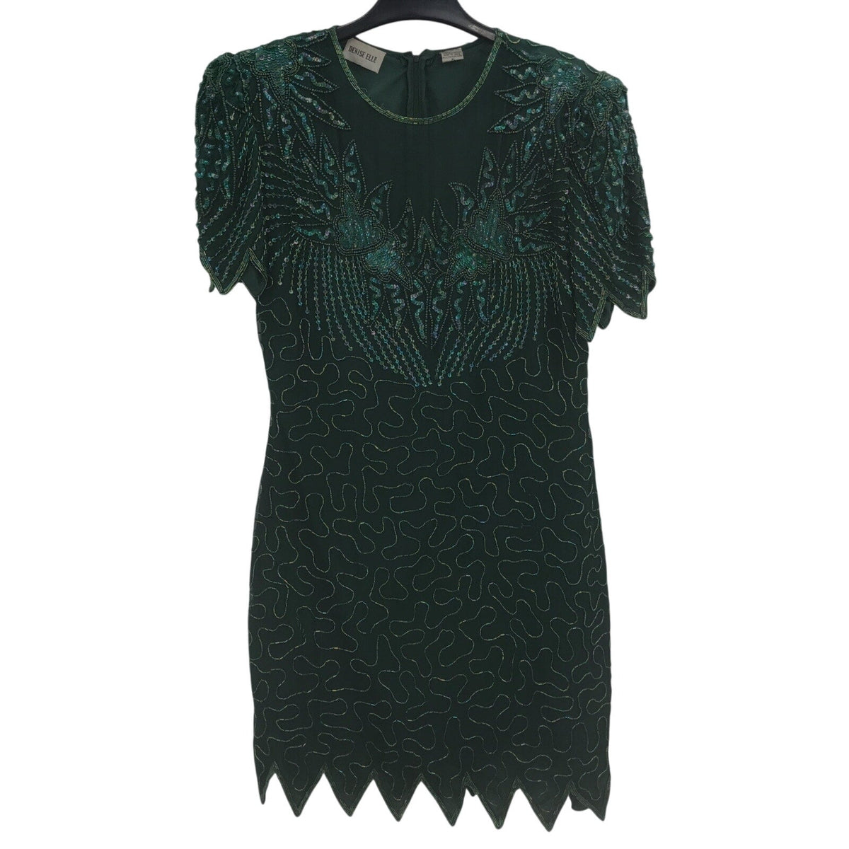 Vintage Denise Elle Sequin Beaded Scalloped Hem Sheath Dress Emerald Green Large