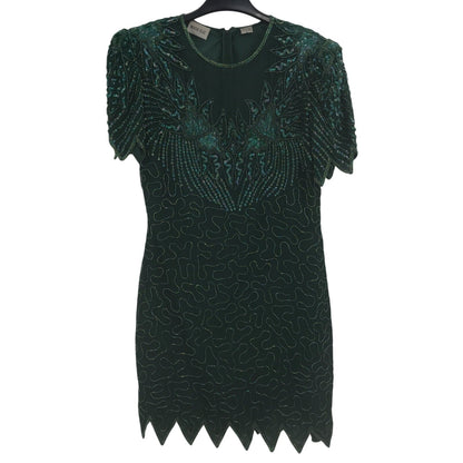 Vintage Denise Elle Sequin Beaded Scalloped Hem Sheath Dress Emerald Green Large