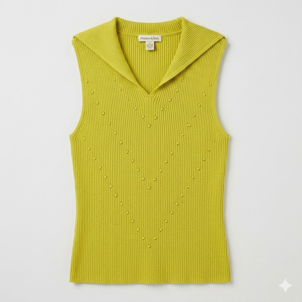 Preston York Chartreuse Ribbed Knit Sleeveless Top Collared V Neck Y2K Preppy