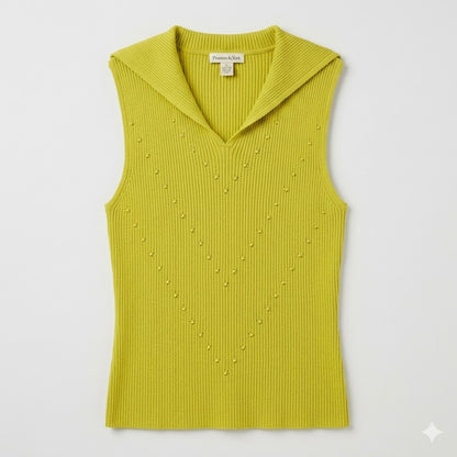 Preston York Chartreuse Ribbed Knit Sleeveless Top Collared V Neck Y2K Preppy