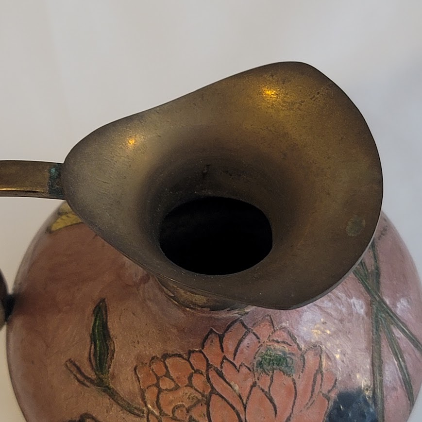 Vtg Brass DRAGONFLY Flower Enamel Cloisonne Champleve Pitcher Vase 4'' India