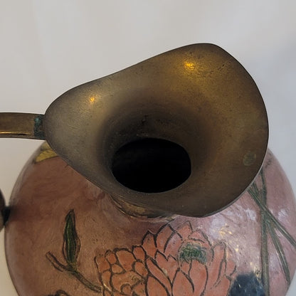Vtg Brass DRAGONFLY Flower Enamel Cloisonne Champleve Pitcher Vase 4'' India