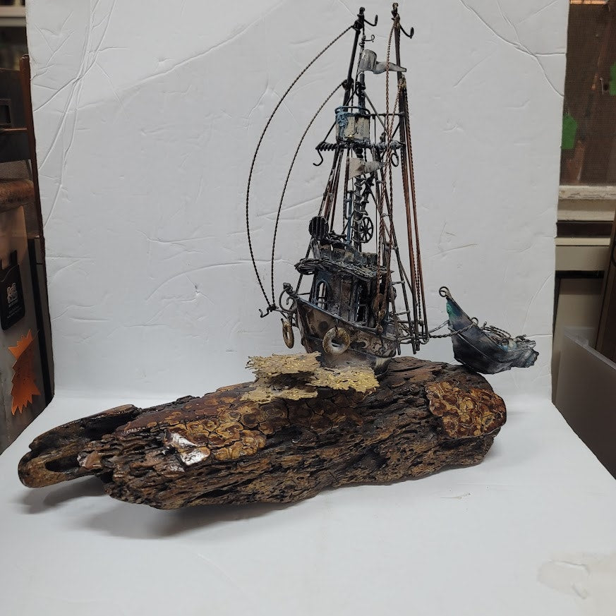 Large VINTAGE Copper bronzed ship brig dingy mounted on varnished 15" x 17" wood