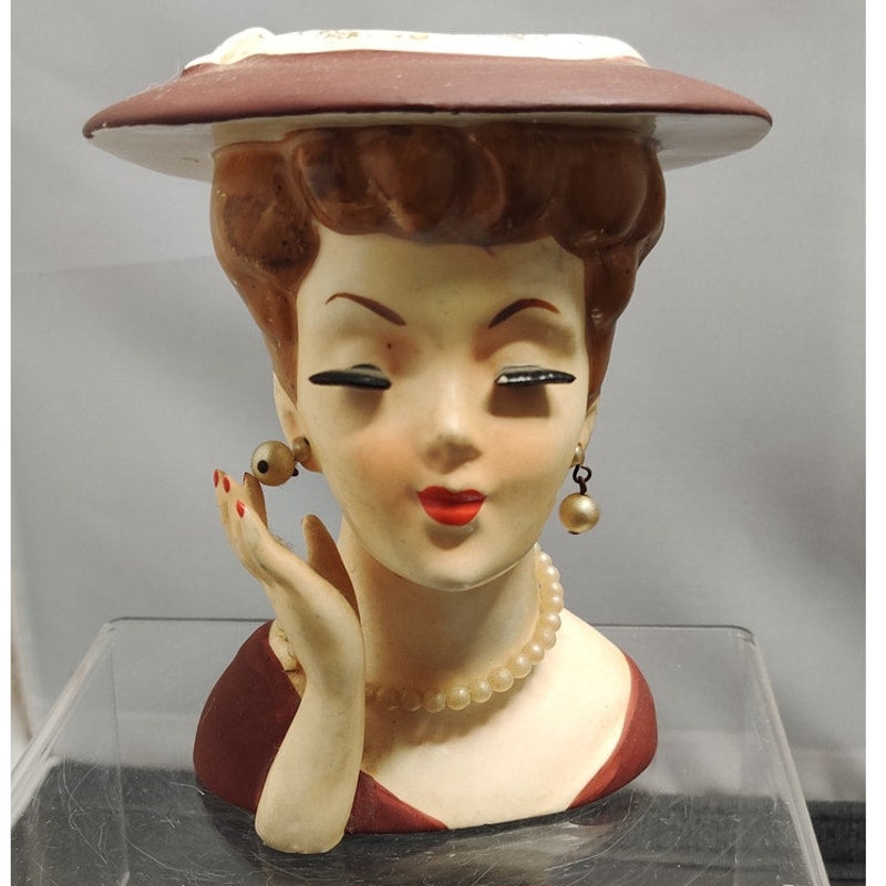 Retro Burgundy Lady Headvase Planter MCM Kitsch Glamour Ceramic Vase Home Decor