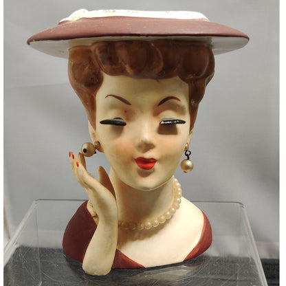 Retro Burgundy Lady Headvase Planter MCM Kitsch Glamour Ceramic Vase Home Decor