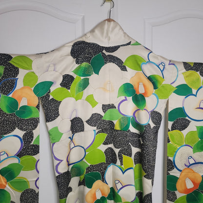 Vintage Silk Furisode (long sleeve) Kimono Robe Black Green White Orange Floral