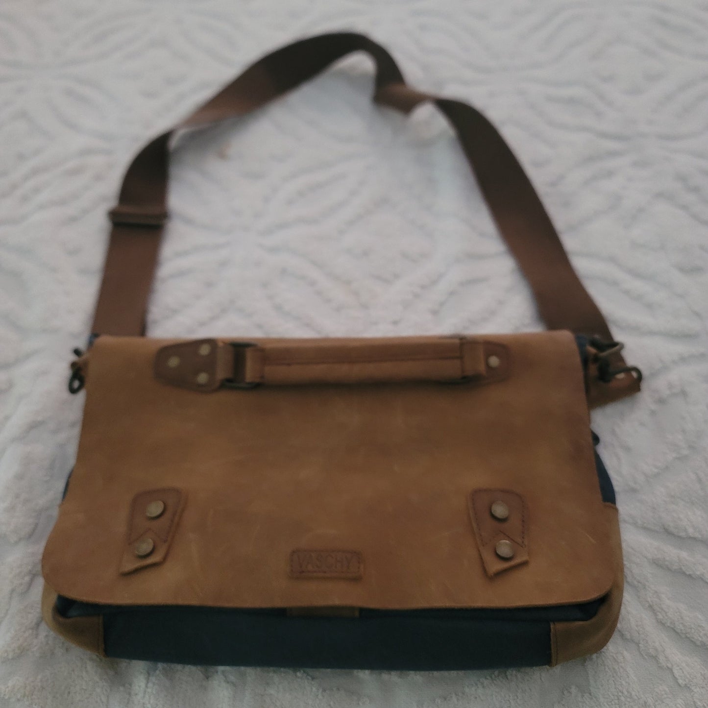 Vaschy Leather Canvas Messenger Laptop Bag Vintage Style Professional Satchel