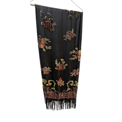 Worthington Scarf Sheer Flocked Floral Applique Tassel Fringe