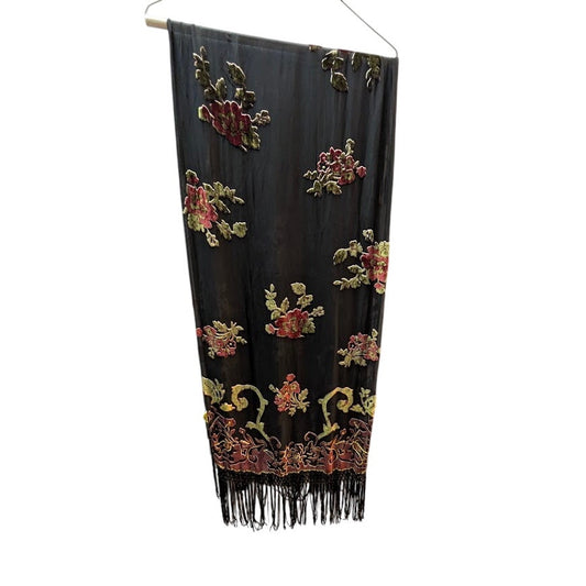 Worthington Scarf Sheer Flocked Floral Applique Tassel Fringe